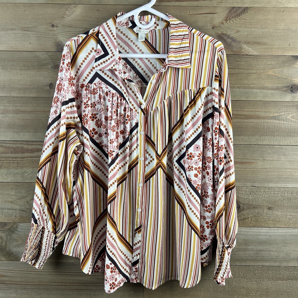 Cato Womens Shirt Long Smocked Sleeves Button Up Striped Floral Boho Large